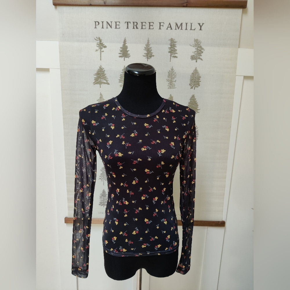 Noisy May Black Sheer Mesh Long Sleeve Floral Top – Size XS